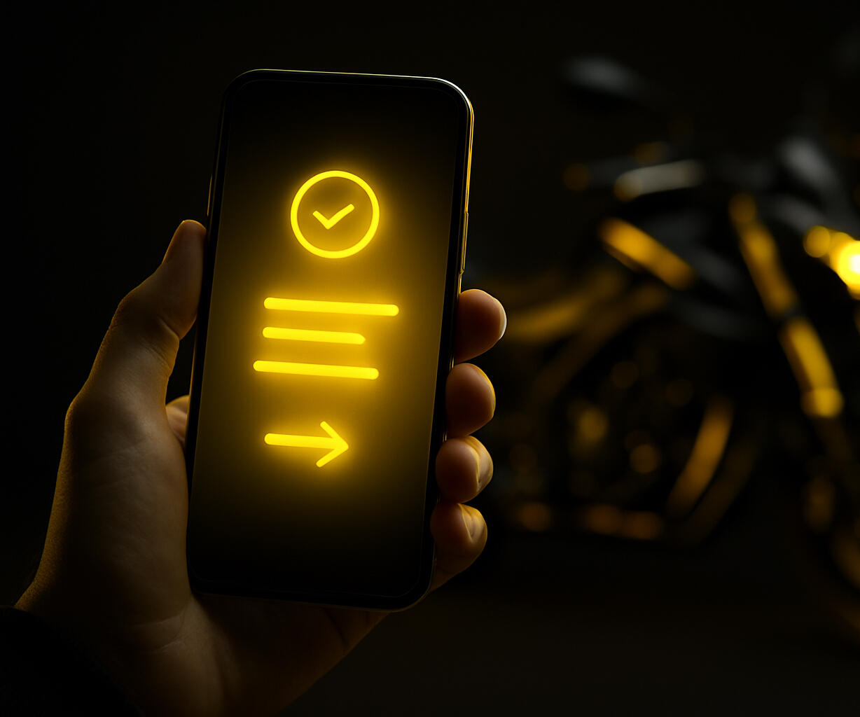 Smartphone con pantalla de aprobación de crédito y moto difuminada en segundo plano. Simboliza la rapidez de nuestro crédito para motos.