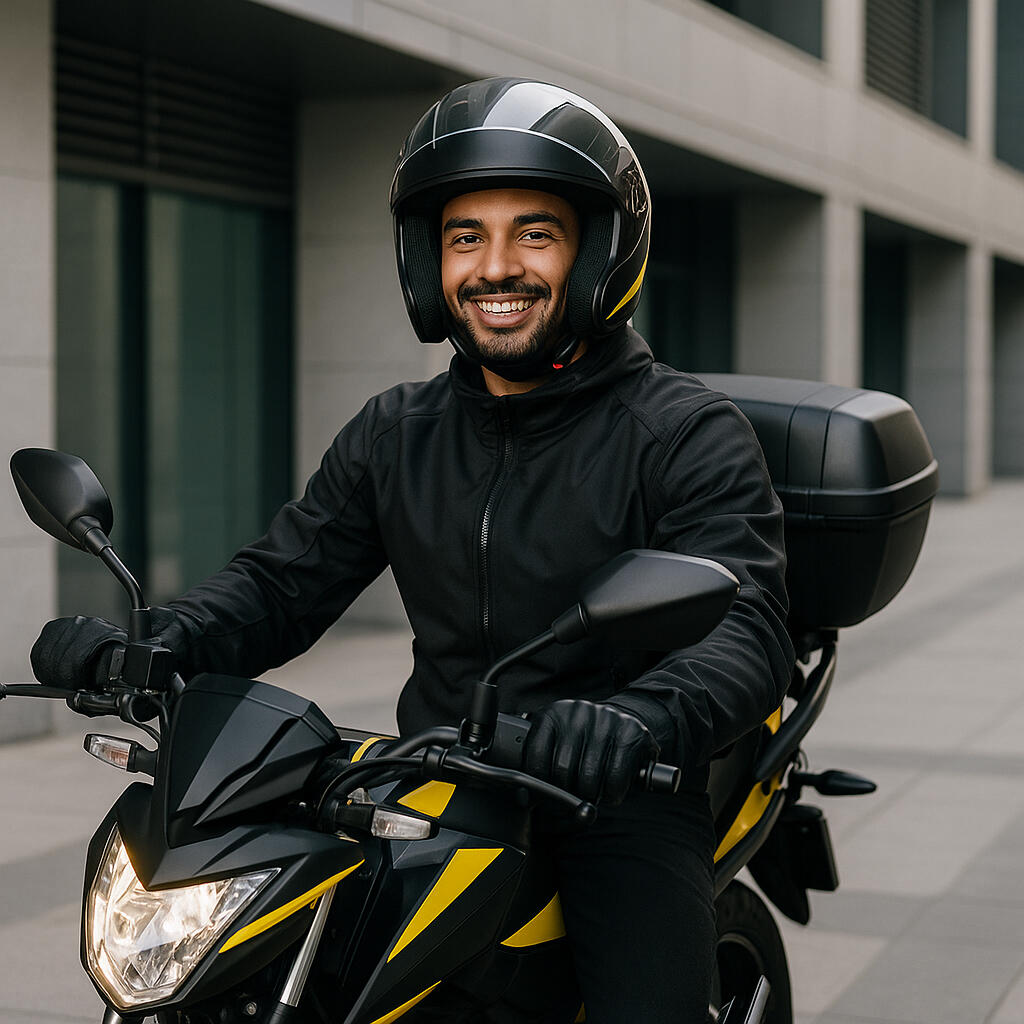 Conductor profesional en moto negra y amarilla en un entorno moderno. Financia tu moto para mensajería o delivery con facilidad.