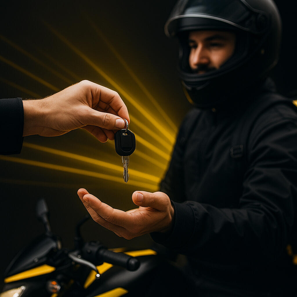 Entrega de llaves de moto – Crédito aprobado al instante Primer plano de manos recibiendo llaves de moto con luz amarilla. Representa la aprobación inmediata de crédito para motos de trabajo.