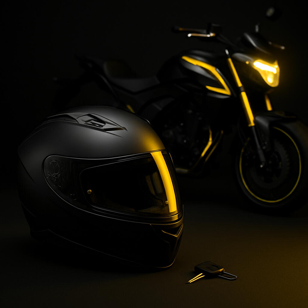 Casco negro premium y llaves de moto sobre fondo oscuro. Obten tu moto y accesorios con nuestro crédito rápido y flexible para motos.